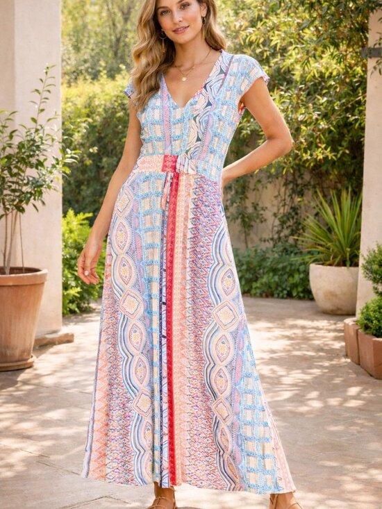 Dana Buchman Dresses & Skirts - Dana Buchman Boho Maxi Dress Cream Multi Color Geometric Print Flowy Size L NWOT